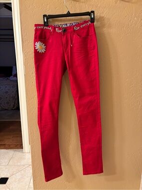 Desigual Red Skinny Jeans with Daisy Accent